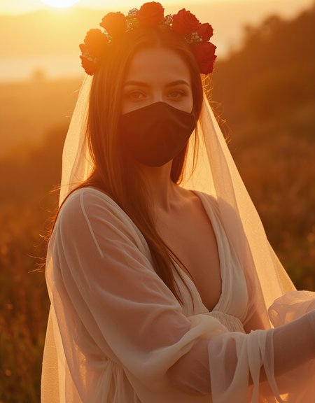 golden hour,  woman, black transparent veil over mouth smile sexy white dressred rose diadem on the head, long dress 