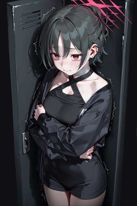 1girl, solo, misaki \(zozotown\) \(blue archive\), halo, tied hair, short hair, 
trembling, tearing up, wavy mouth, raised inner eyebrows, empty eyes, 
self hug, 
<lora:inlockerillv1:1>, in locker, cowboy shot, (dark:1.2), black background, cowboy shot, lights, 
masterpiece, best quality, amazing quality, very aesthetic, absurdres, highres, newest, <lora:xl_saturation_slider:0.1>, <lora:illustriousXLv01_stabilizer_v1.164:0.3>, <lora:reduce_wrinkles_illstriouosv0.1_ADDifT_2_in_1_v1.2:0.9>, <lora:misakizozotownillv2:0.8>,