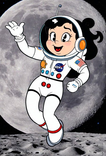 (rubber_hose_character:1.1) <lora:RubberHose_Characters_SDXL_v1:1.3>, cartoon, a woman astronaut on the moon