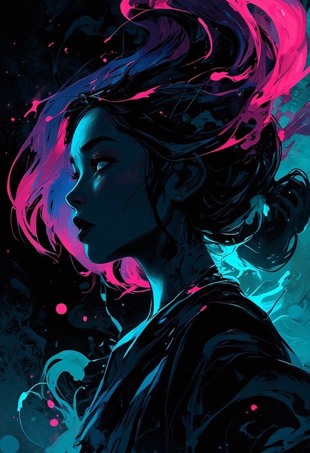 animeniji, Silhouette of a young woman,  profile view,  with vibrant, stylized features.  Dark, flowing hair with streaks of hot pink, contrasted against a backdrop of swirling, teal and magenta abstract forms.  The woman's expression is serene, her gaze directed off to the side.  Dark, solid forms create her silhouette. Vibrant teal and magenta abstract shapes swirl around her, creating a dynamic, almost ethereal atmosphere.  Deep blacks and dark blues dominate the color palette.  Bright magenta and teal highlights add a pop of color, and create a striking contrast.  The composition emphasizes the silhouette and the surrounding abstract design, suggesting a dreamy, futuristic, or anime-inspired aesthetic.  The piece utilizes a bold, expressive style reminiscent of graphic design and anime art.  Texture appears fluid, with abstract, painterly brushstrokes that suggest movement and energy.  Atmospheric lighting creates a strong contrast between light and shadow, emphasizing the silhouette.  The perspective is a three-quarter profile shot, focusing on the woman's features and posture.  Style: stylized, dynamic, painterly.  Mood: contemplative, energetic, mysterious.