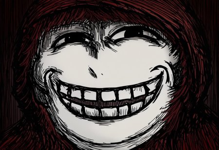trollface, teeth, smile, red hood, solo, masterpiece, best quality, best face quality, best quality, (black souls style:1,2), simple background, night, expressive, stand straight