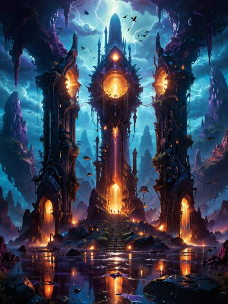 <lora:more_artful-xl:0.8> <lora:add-detail-xl:2.4> <lora:style-matte_black_contrast-xl-v3-by_tijuanaslumlord:0.4> <lora:style-glowing_neon-xl-by_cybernella:0.8> <lora:envybetterhiresfixxl01-xl:0.0:hr=1.0>, vntblk, movie poster art, [blood moon, red moon, darkest night, dark forest path with trees standing in line, black and red:famous artwork by (stephan martiniere:1.3) and (magali villeneuve:1.3), glowing ornate lovecraftian artifact, (intriguing and unusual:1.2) landscape with (towering obelisks:1.6) piercing the sky, ominous and dark, jagged rock formations, night sky, mysterious, ethereal, deserted, dark corners, (blue:1.2), (sunset orange:0.8), (aubergine:1.1):16], ultra detailed