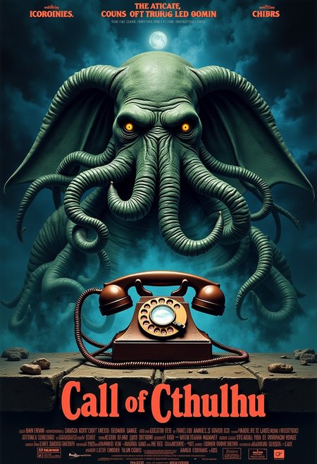 "Call of Cthulhu".
Movie poster of Cthulhu on a telephone.
Ethereal imagery.
mvpstrCE style