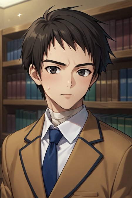 score_9, score_8_up, score_7_up,score_6_up,score_5_up,score_4_up,source_anime,BREAK, rating_safe, intricate details , , , anime screencap, anime coloring, official style, depth of field,1boy, solo, male focus,<lora:shizuki:0.73>,soujuurou shizuki,black hair, black eyes,short hair,looking at viewer, shirt,jacket, school uniform, white shirt, upper body, collared shirt, blurry, sparkle,necktie,sweat,bandages, portrait, brown jacket, bookshelf,close-up,kita high school uniform, library, bandaged neck, kyon , , ,<lora:sdxl_lightning_8step_lora_315544:1>