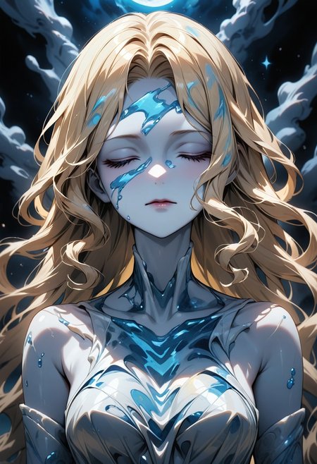 ((masterpiece), (best quality), (ultra-detailed), 
, 1statue woman, solo, light,  upper body, long hair, blonde hair,
elbow gloves, illustration, 2DMM,
dress made of Liquid Marble, blind, white skin, pale skin,
upper body, moon, standing  white dress, belt,
From side-above,stars, night, sky, Liquid Marble,   face focus, portrait, Marble woman , marble clothes, marble hair, marble skin, closed eyes,
 )