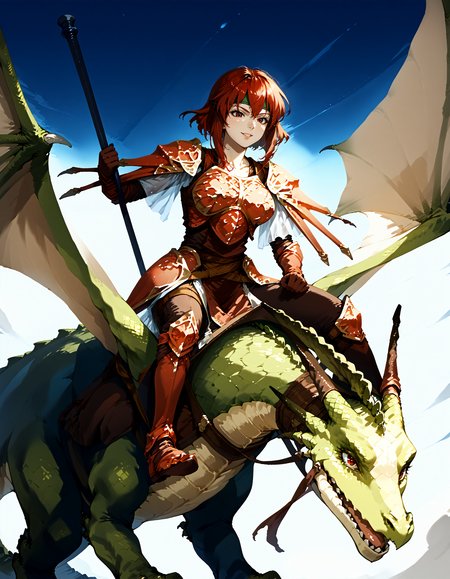 zPDXL3,<lora:Pony_DetailV2.0:1>,sky BREAK 1girl,1other,large breasts,
BREAK wyvern rider,dragon riding,dragon wings,knight,green dragon,polearm,holding polearm,holding weapon,flying,smile,<lora:wyvern rider-pony-v31:1> BREAK feMva,red hair,short hair,red eyes,green headband,red armor,shoulder armor,gauntlets,gloves,brown pants,pelvic curtain,armored boots,<lora:feminerva-pdxl-nvwls-v1:1>,