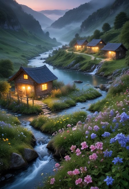 A quiet, flower-filled valley at dusk, streams flowing softly, small cottages scattered, with mist settling around the vibrant, magical landscape. bioluminescent, glowing