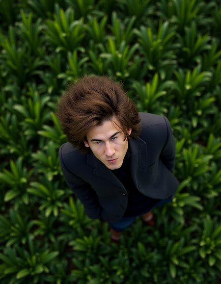 birds-eye-view shot of a Exhausted (ral-smlfcs:1.2) , his hair is Unconventional, spring grass with Juniper, Sharp and in focus, Vivid, Serene, in the style of the david, <lora:ral-smlfcs-flux-000010:1>, ambient illumination, atmosphere, intense, beautiful, detailed, ambient light, perfect composition, exquisite color