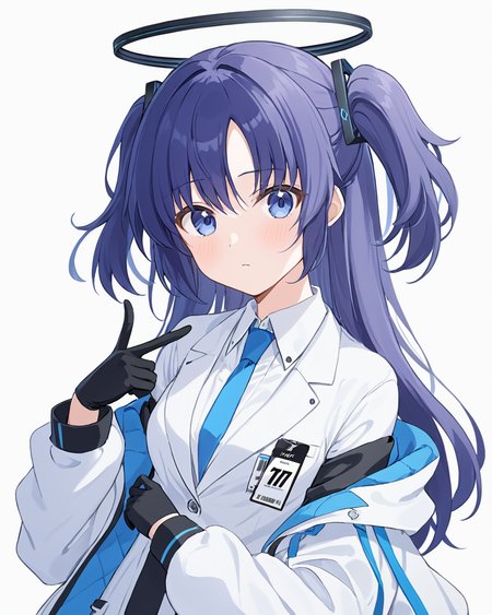 yuuka \(blue archive\),1girl, solo, necktie, gloves, jacket, white background, simple background, looking at viewer, id card, halo, black gloves, blue necktie, shirt, off shoulder, white jacket, two side up, blush, white shirt, upper body, open clothes, long sleeves, open jacket, collared shirt, index finger raised
<lora:Yuuka_image86_v1:1>,halo,. gorgeous,key visual, vibrant, studio anime,award-winning, professional, highly detailed,high budget, cinemascope