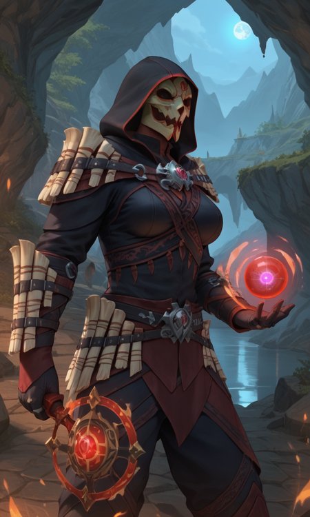 anime style, anime studio, vibrant, (score_9, score_8_up,score_7_up), masterpiece, best quality, ultra quality, (1girl:1.1),  <lora:glavakolhoza_shadowscalearmour:0.9>, glavakolhoza_shadowscalearmour, fantasy armour, mask, hood, (big breasts:1.2), curvy, cave, (dark:1.2), lit by torches, standing, dark red magic, (dark red magic flows:1.2), controlling magic, holding a glowing orb of magic, fantasy, evil, villainess, magic seals