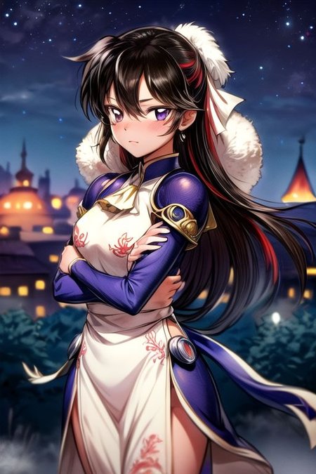 best quality 1girl Setsun4 solo long hair,  (night time) forest background black hair very long hair purple eyes multicolored hair armor, small, (fur trim) (medium body),<lora:EMS-179-EMS:0.800000>,<lora:EMS-293862-EMS:0.800000> bow, hair_bow, hair_tubes, red_bow, brown_hair, long_hair, bangs, ascot, frilled_bow, yellow_ascot, blush, smile, hair_between_eyes, athletic, armor, miko, ,(((intricate outfit,intricate clothes,embroidered outfit,ornate outfit,embroidered clothes,ornate clothes))), strengthmda, crossed arms,