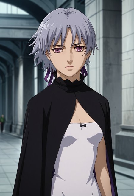 source_anime, D4RK3RTH4NBL4CK, DTB_Style,((score_9)),score_8_up,score_7_up,score_6_up,score_5_up,score_4_up, retro_artstyle, anime style, 1boy, yin_(darker_than_black), white_hair, purple_eyes, expressionless, dress, hair_ribbon, medium breasts, looking at viewer, facing viewer, masterpiece, best quality, highres, best illumination, depth of field, Artist style:komori_takahiro