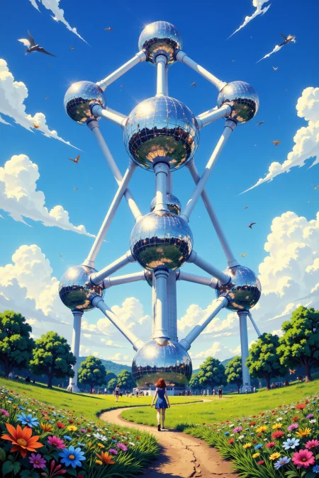 Atomium monument beautiful anime landscape, wind, woman, very intricate, very detailed, sharp, bright, colorful, <lora:Hand v2:0.5> <lora:Anti-Blur:1><lora:Insane Detail Slider:0.25>  <lora:flux.1_lora_flyway_Epic-detail_v2:0.3> <lora:fluxenhancer:0.25> <lora:ROWER:0.6> <lora:flux-charmer-v1-1:0.4> <lora:Colorful_Fantasy_Art_for_FLUX:1> fantasy art