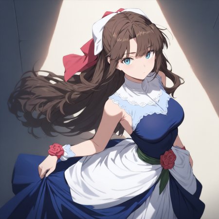 1girl,solo,looking at viewer,cowboy_shot,masterpiece,high score,great score,absurdres,<lora:Maria_ Nanadan ag4o v1:1> maria_ nanadan, brown hair, long hair, blue eyes,dress,
