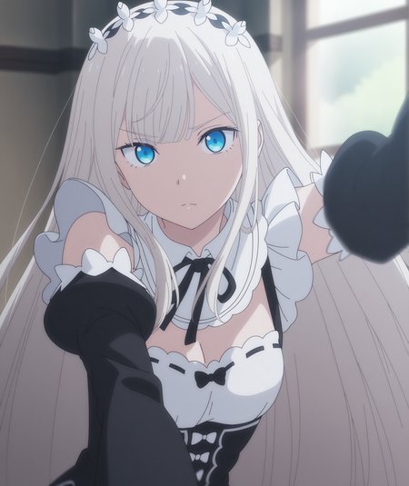 highres, absurdres, hi res, best quality, masterpiece, 2d, intricate details, 4k, anime coloring, elegant, digital painting, highly detailed, artstation, sharp focus, illustration,
1girl, solo, female, eyelashes, nose, long hair, bangs, blue eyes, white hair, 
maid, maid headdress, maid apron, roswaal mansion maid uniform, detached sleeves, cosplay, alternate costume, 
looking at viewer, 
blurry, motion blur, motion lines, focus blur, depth of field, <lora:Elena_Kimberlite_(Character)_ILXL:1>,