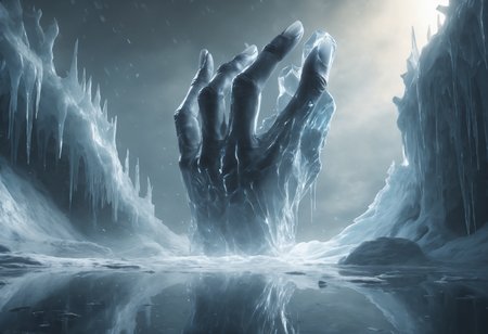 The image in a monochromatic scheme depicts a colossal, bony hand emerging from an icy abyss. The hand is deformed and adorned with long, sharp claws. The background is dominated by ice and snow, creating a cold and hostile atmosphere. The hand appears to be breaking through the reflective surface of the ice, hinting at a massive creature lurking beneath.


concept art, digital painting, matte painting, megascans, octane rendering, god rays, ray tracing, lumen, high-resolution
