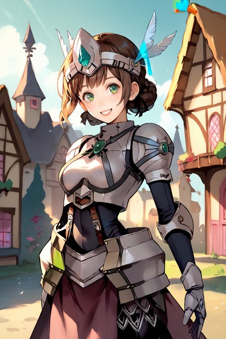 score_9, score_8_up, score_7_up, score_6_up, score_5_up, source anime, BREAK, bright and vibrant colors, solo, <lora:DuvalieArmor:0.9> , Duvalie, green eyes, brown hair, black ribbon, medium breasts, wing ornament, visor, armor, armored dress, bodysuit, black bodysuit, pantyhose, armored boots, greaves, skirt, waistcloak, standing, happy, smile, <lora:hand 4:0.6> , Hand, hands, perfect hands, realistic background, village, halloweentown, mystical, wisps, outdoors, daytime,    <lora:1e2_r1:0.5> , 1e2,