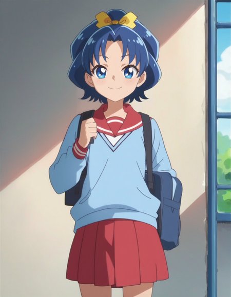 score_9, score_8_up, score_7_up, anime screencap, solo,1girl, tategamiaoi,school uniform, smile,red skirt,serafuku, light blue sweater, hair bow,looking at viewer,cowboy shot,small breasts,<lora:tategamiaoi:0.8>