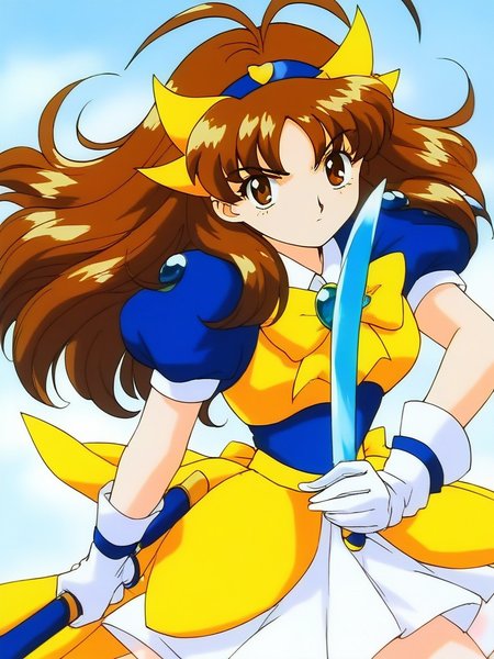score_9, score_8_up, score_7_up, source_anime, rating_explicit, BREAK  <lora:Tsurugino_Mai_XL:1> Tsurugino_Mai, 1girl, solo, brown hair, weapon, gloves, sword, long hair, holding, 
1990s (style), brown eyes, bow, yellow bow, holding weapon, holding sword, magical girl, 
hairband, skirt, short sleeves, white gloves, Yellow armor, dress, white skirt, blue shoulder armor,
looking at viewer, antenna hair, puffy sleeves, bangs, puffy short sleeves