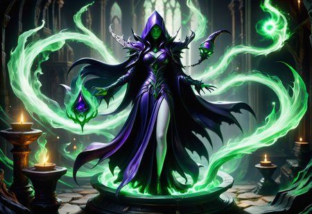 hyper detailed masterpiece, dynamic, awesome quality,  solid poison DonMM4g1cXL magic, sorceress <lora:DonMM4g1cXL:1>