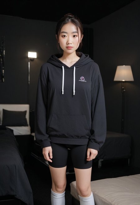 <lora:model_asian_nobody_pxl:1> score_9, score_8_up, score_7_up, score_6_up, score_5_up, score_4_up, realistic, 1girl, looking_at_viewer, pale skin, hair up, standing, petite body, hoodie, bike shorts, white socks, hotel room, dark black room, black walls, indoors, night, standing,