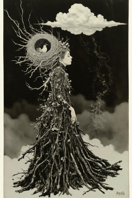 YFG-V1nt A woman stands in side profile, her face calm and mysterious. Her dress is made of thin, black twigs, woven together like fabric but keeping their rough, natural shape. Some twigs stick out, as if caught by the wind. Pale leaves grow in small patches, adding a soft contrast to the dark texture. The dress flows around her, drawn in deep charcoal strokes, blending rough and smooth shading like Japanese ink art.  
Her hair is shaped into a large birdâs nest, each strand layered with careful brushstrokes. The nest looks both natural and surreal, merging into her form. A single bird perches inside, its feathers drawn with delicate ink lines, standing out against the dark tones.  
The background is a vast black space with swirling ink-like textures. A single, large cloud floats behind her, painted with soft, fading brushstrokes. It appears light and dreamlike, its edges blending into the darkness. The mix of charcoal depth and flowing ink details creates a surreal, timeless feeling, where reality and dreams seem to merge. vantablack