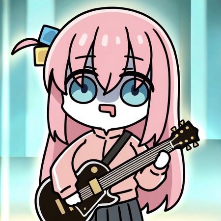 chibi,drooling,mouth drool,upper body,open mouth,1girl,solo,Gotoh_Hitori,holding guitar,holding,guitar,looking at viewer, blue_eyes, pink_hair, long_hair, one_side_up, huge_breasts, cube_hair_ornament, track_jacket, pink_jacket, pleated_skirt, black_skirt,blurry background,blonde hair,shirt,green eyes,hood down,open clothes,depth of field,