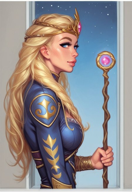 1girl, (((side view))), from front, solo, illustration, comic style, highly detailed, skinny, model body, looking at viewer, masterpiece, best quality, 1girl, masterpiece, best quality, fayenchantress, 1girl, solo, blonde hair, long hair, blue eyes, (young beauty, fit body:1.3), ((((magic shining orb in staff right hand, opened magic book in left hand)))), ((((full magic clothes, tiara)))), dynamic pose
<lora:FayEnchantress:0.9>
BREAK 
(((dark magic Observatory inside, night sky in window:1.6)))) score_9, score_8_up, score_7_up, score_6_up, source_cartoon, rating_explicit, Expressiveh, ((((upper body))))), dynamic pose