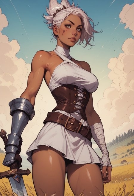 Safe_pos, Stable_Yogis_PDXL_Positives, (score_9, score_8_up, score_8), commix style, (((waist-up portrait))), ultra detailed, high resolution, high quality, masterpiece, intricate details, intricate body, intricate landscape, knva, Expressiveh, Jed-Spl4sh,
BREAK
((Wheat Field)), source_cartoon, ((1girl, solo)), (((Rvn, ogskn, short hair, tucked ponytail, single white face marking, dress, white criss-cross halter, single pauldron, left bandaged arm, right arm single glove, corset, belt, skirt, single greaves, boots, asymmetrical clothes))), (((sword, huge weapon, broken weapon))), ((Full Lips, Delicate and Smooth Skin, Tanned, Perfect Body, Toned, Sexy Body, Highly Detailed, Perfect Breasts, Perfect Ass, Tiny Waist, Bubble butt, curvy body)), ((Toned)), (Scarred Skin, Tanned Skin), (hourglass body shape, wide hips, biceps)), Beautiful, Attractive, (Long Hair, Shiny Hair),
BREAK 
Fantasy, Medieval, ((Extremely Detailed Face and Eyes)), Looking at Viewer, (Flirty), Soft Lighting, Warm Lighting, Unique Angle, Unique Perspective, Dramatic Angle, Front Shot, ((Sexy Pose)),