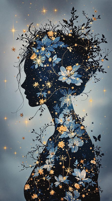 "Imagine a hyperdetailed fine art piece: a female silhouette moves through a half day half night forest Dreamscape. Her form is a captivating double exposure, filled with a night sky where stars morph into iridescent gold floral constellations, a style reminiscent of Brandon Kidwell's imaginative compositions and Conrad Roset's elegance. The 'night vs day' theme is subtly present in the shifting light. An oil and ink canvas with artistic ink splatters, super dramatic light, and amazing depth creates a mood of mystical connection and otherworldly beauty, with nods to Andreas Lie, Dan Mountford, Agnes Cecile, and Jeremy Mann."