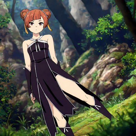 <lora:FBJE_LaufenXLIllustrious008>,
masterpiece,best quality,good quality,newest,
detailed background,nature,
looking at viewer,
solo,
Laufen,1girl,brown hair,short hair,double bun,brown eyes,yellow hairornament,
black dress,bare shoulders,
gloves,
pelvic curtain,
standing,