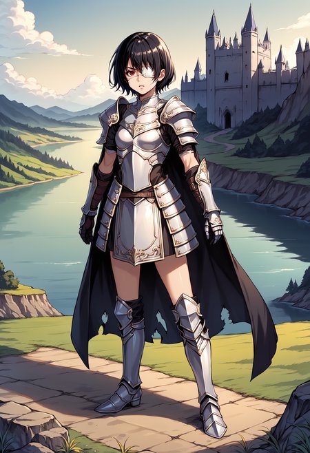 score_9, score_8_up, score_7_up, source_anime, 1girl, solo, looking at viewer, mskr, black hair, short hair, small breasts, armor, breastplate, shoulder armor, white armor, outdoors, fantasy, contrapposto, legs apart, standing, red eyes, eyepatch, gloves, gauntlets, (armored dress), dress, cape, castle, dark clouds, full body, greaves, torn cape, nature, landscape, water, lake, fog, serious, parted lips