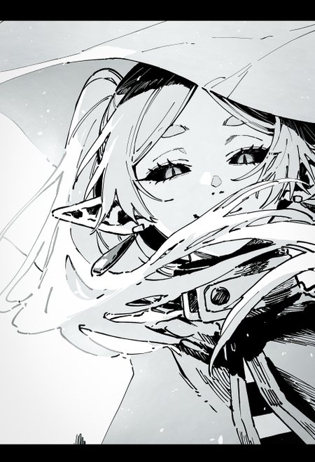 (fujimoto tatsuki \(style\):1.2), (by maki keigo:1.2),  (linear hatching, hatching \(texture\),:1.2) 
newest, very awa, masterpiece, highres, detailed, hyper-detailed, year 2024, year 2023,
frieren, close-up,  black sclera, slit pupils,  smug, half-closed eyes, covered mouth,  floating hair, hair over own face, 
greyscale, monochrome,
<lora:nhl-004:0.5> nhl-004,