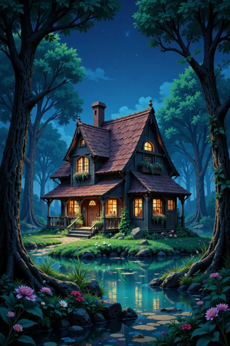 a house in the swamp beautiful anime landscape, evening, woman, very intricate, very detailed, sharp, bright, colorful, <lora:Hand v2:0.5> <lora:Anti-Blur:1><lora:Insane Detail Slider:0.25>  <lora:flux.1_lora_flyway_Epic-detail_v2:0.3> <lora:fluxenhancer:0.25> <lora:ROWER:0.6> <lora:flux-charmer-v1-1:0.4> <lora:Colorful_Fantasy_Art_for_FLUX:1> fantasy art