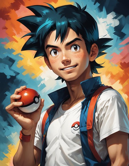 score_9, score_8_up, score_7_up, score_6_up, score_5_up, score_4_up, ash_ketchum, pokemon, 1boy, black_hair, brown_eyes, holding pokeball, colorful background
