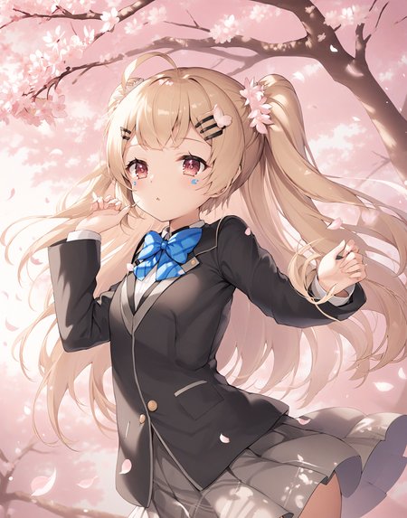 1girl,solo,eldridge \(azur lane\),facial mark,
<lora:liqi_xl_v1.2-000010:1>,black jacket,black hairclip,two side up,blue bowtie,pleated skirt,
school,cherry blossoms,