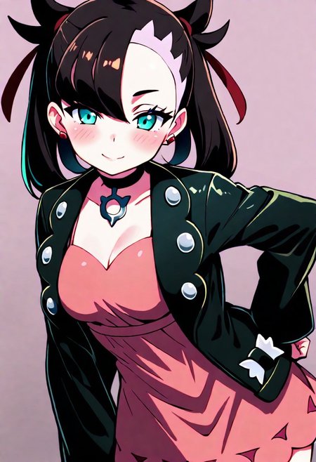 masterpiece, best quality, absurdres, medium breasts, (curvy), cute, eyelashes,      vivid colors,   BREAK,  
,,,
zzMarnie, aqua eyes, black choker, red ribbon, pink dress, jewelry, black jacket, open clothes, long sleeves,   
,,,
smile, looking at viewer,   
,,,
smile, looking at viewer, leaning forward, head tilt, blush,