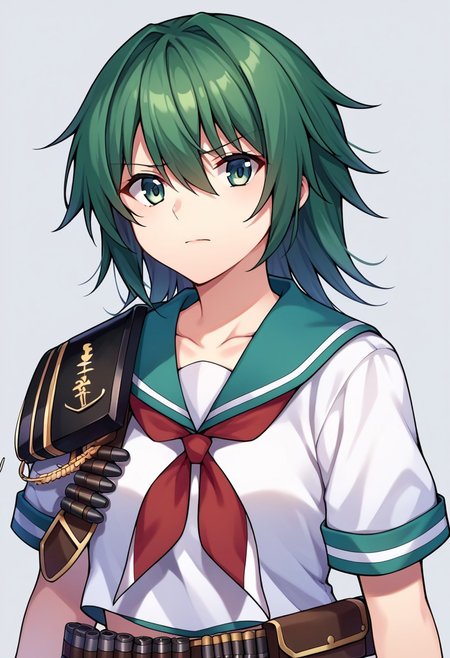 score_9, score_8, score_7, source_anime, kiso (kancolle), ammunition belt, red neckerchief, sailor collar, white skirt, upper body, closed mouth, boots, collarbone, shirt