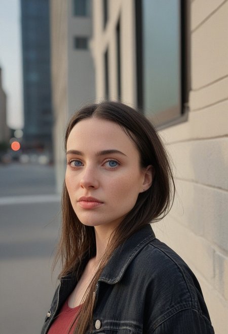 30yo woman posing for pic in front of tall building.
Blue eyes. perfecteyes 
Wearing ripped Denim jacket red trucker hat
no makeup. Clear skin.  realistic skin style
Long dark black slick back hair. No makeup. Dusk, Street light. Looking at camera POV. Slight smile, tilting head.. Tilt head.
Medium Close Up shot. Bokeh. Bokeh light.