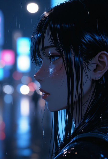 Niji_anime, Anime style,
"A cinematic close-up of a young woman with long, drenched black hair, her sorrowful blue eyes glistening with reflected city lights. The camera angle is slightly tilted, creating a dramatic perspective as raindrops stream down her face. The shot is framed tightly to capture the deep emotion in her expression, with a shallow depth of field blurring the neon-lit city behind her. Soft bokeh from distant traffic lights and billboards contrasts against the cool blues of the rain-soaked atmosphere. Her lips tremble slightly, and a single tear blends seamlessly with the rain on her cheek. Gentle rim lighting from a nearby streetlamp outlines her face and highlights the water droplets in her hair, enhancing the hyperrealistic textures. The wet pavement below her subtly reflects the glowing lights, adding to the cinematic depth. The atmosphere is melancholic, with a balance of soft ambient light and rich color grading, evoking the emotional storytelling of Makoto Shinkai’s works."