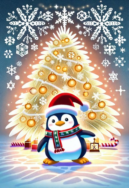 Animal Christmas, masterpiece, best quality, (Penguin in Santa hat, scarf, ice skating on ice ring), Christmas tree, snowflakes, holiday decorations, glowing lantern, candy cane, warm lights, ice backdrop, polar night, cheerful mood, no humans