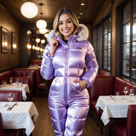 (Cinematic Shot:1.3) So_Jenna_Miller  (skinny, slim, abs, big boobs:1.3) ((Photo Focus, DOF, Aperture, insanely detailed and intricate, character, hypermaximalist, hyper realistic, super detailed, (lens flare))) (Wearing a puffer_downsuit satin dress downsuit:1.3) (at a romantic restaurant:1.3) (smile:1.3) 
<lora:puffer_downsuit_v1:0.6>