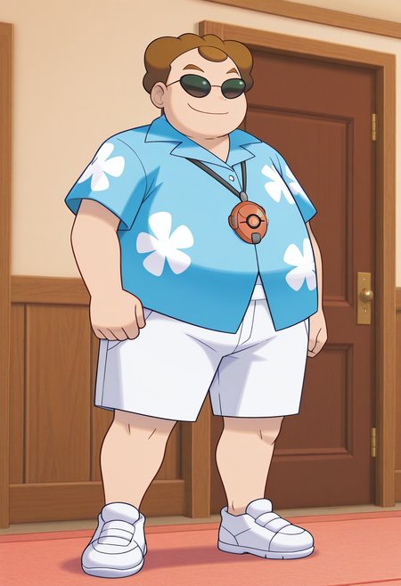masterpiece, amazing quality, colorful, <lora:p-treto-v1-10:1> p-scott, sunglasses, 1boy, plump, pokedex_necklace, necklace, blue shirt, floral_print, hawaiian_shirt, white shorts, white shoes, indoors,