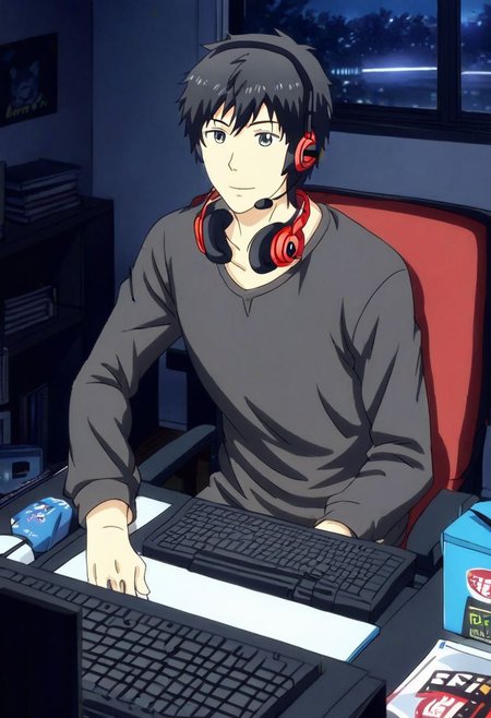 high resolution, solo, best quality, 1Boy, Arata Kaizaki, Black Hair, gamer, bedroom, night, pc, sit, headset, potrait, OverallDetail