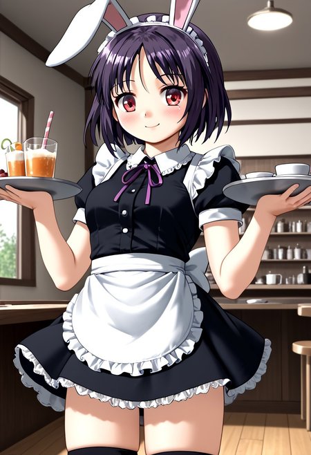score_4,score_5,score_6,score_7_up,score_8_up,score_9 ((masterpiece,best quality,ultra detailed,highres,HD,4k:1.2)), 
1 girl,solo,face focus,
dark purple hair, black purple hair,red eyes, Drooping rabbit ears, drooping animal ears, parted bangs,rabbit ears, rabbit tail, maid, maid outfit, maid apron, frills, black knee socks,zettai ryouiki,
indoors,cafe,
Holding a tray,
happy,smile,blush,looking at viewer,