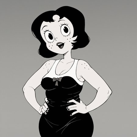 score_9, score_8_up, score_7_up, 1girl, Toot, black hair, short hair, black eyes, freckles, colored skin, white skin, black dress, medium breasts, plump, wide hips, hands on own hips, looking at viewer, highres, high quality, masterpiece, <lora:Toot_Braunstein:0.9>