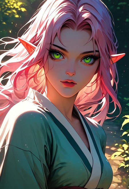 score_9, score_8_up, score_8, close up, 1girl, solo, sexy elf woman, perfect face, thick eyeliner, small breasts, long straight pink hair, green eyes, wearing sexy kimono, nsfw, cowboy shot, dynamic pose, dynamic angle, volumetric lighting, cinematic lighting, outdoors, zen garden