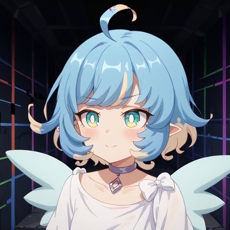score_9, score_8_up, score_7_up, source_anime, anime screencap, masterpiece, insanely detailed, detailed background, zPDXL3, break, amy_(princess_connect), 1girl, wings, solo, ahoge, short hair, blue hair, multicolored hair, pointy ears,white dress,choker,((glitch)), dungeon,chromatic aberration