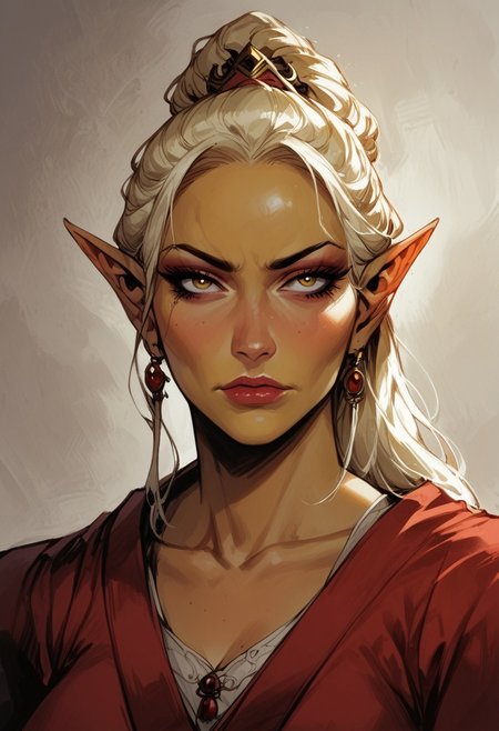 score_9, score_8_up, score_7_up, BREAK,
1girl, mature and imposing, 30 years old, portrait, beautiful, Elf  wizard, (((asian, asian woman, golden colored skin, tanned skin, tanned, sunbathed, sunbathed skin))), evil, villain, blonde hair, medium brests, golden eyes, mature, mature woman, long ponytail, single ponytail, side bangs, modest clothing, red fantasy toga, red kimono, closed mouth, arrogant <lora:Fant5yP0ny:0.6> <lora:fantasy_world_pony:0.9>
<lora:Cherry-Gig:0.55>
