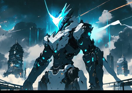 , sky, cloud, holding_weapon, no_humans, glowing, , robot, building, glowing_eyes, mecha, science_fiction, city, realistic,mecha, <lora:[XL]knighthood:1>